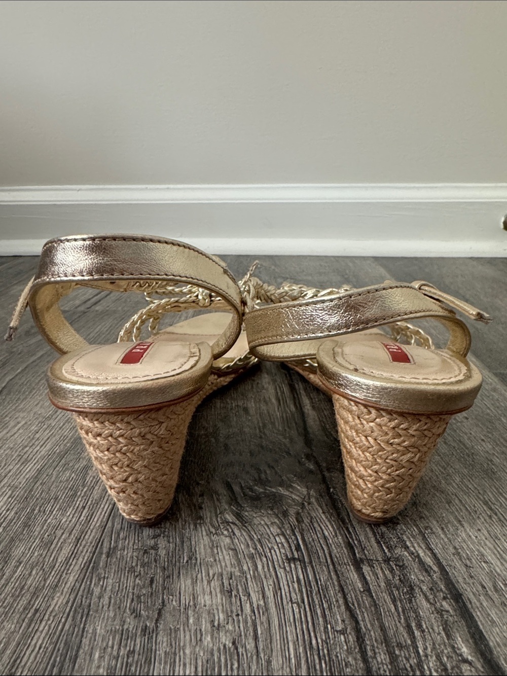 Prada Gold Braided Leather Wedge Espadrille Sandals Size 36/US 6 COA includes - Picture 7 of 11